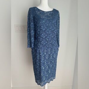 ALEX EVENINGS Periwinkle Sequin Scalloped Lace 3/4 Sleeve Mock 2pc Dress 6 US